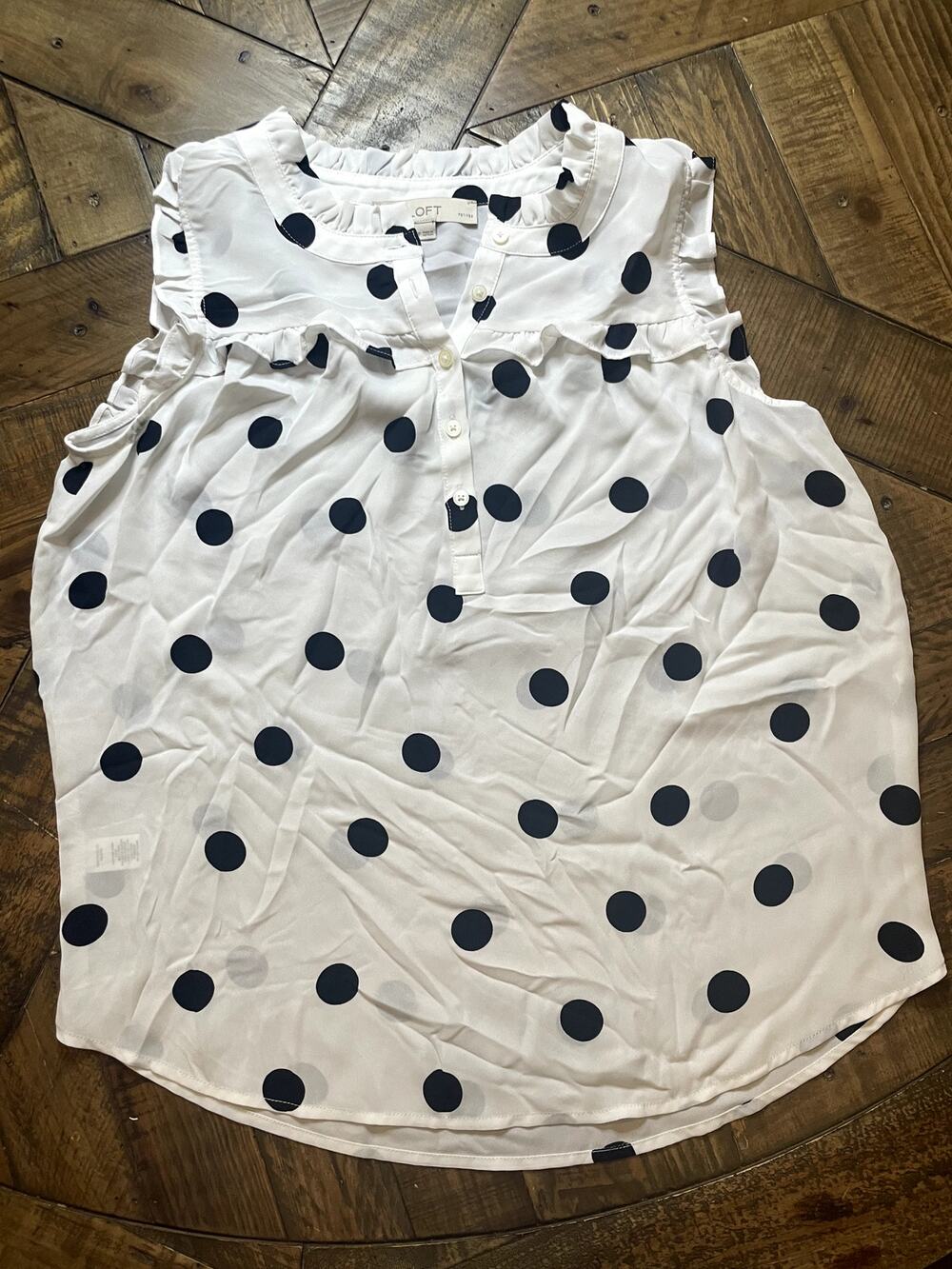 LOFT Petites White Black Polka Dot Ruffle Shirt MP